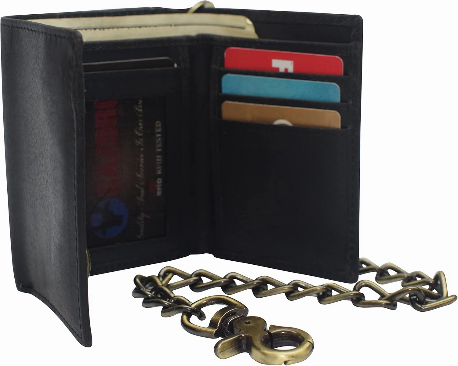 Men's RFID Blocking Trifold Vintage Leather Biker Chain Wallet With Snap Closure