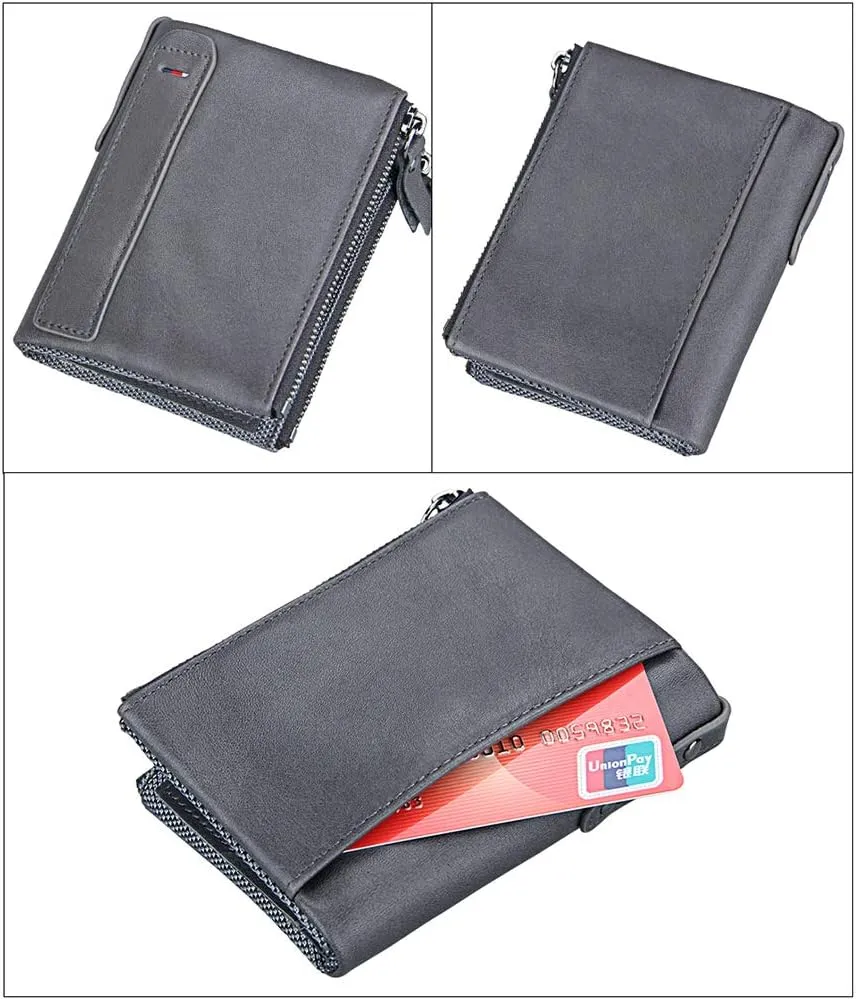 Men's Folding Double Zip Wallet RFID Blocks Retro Short Coin Purse
