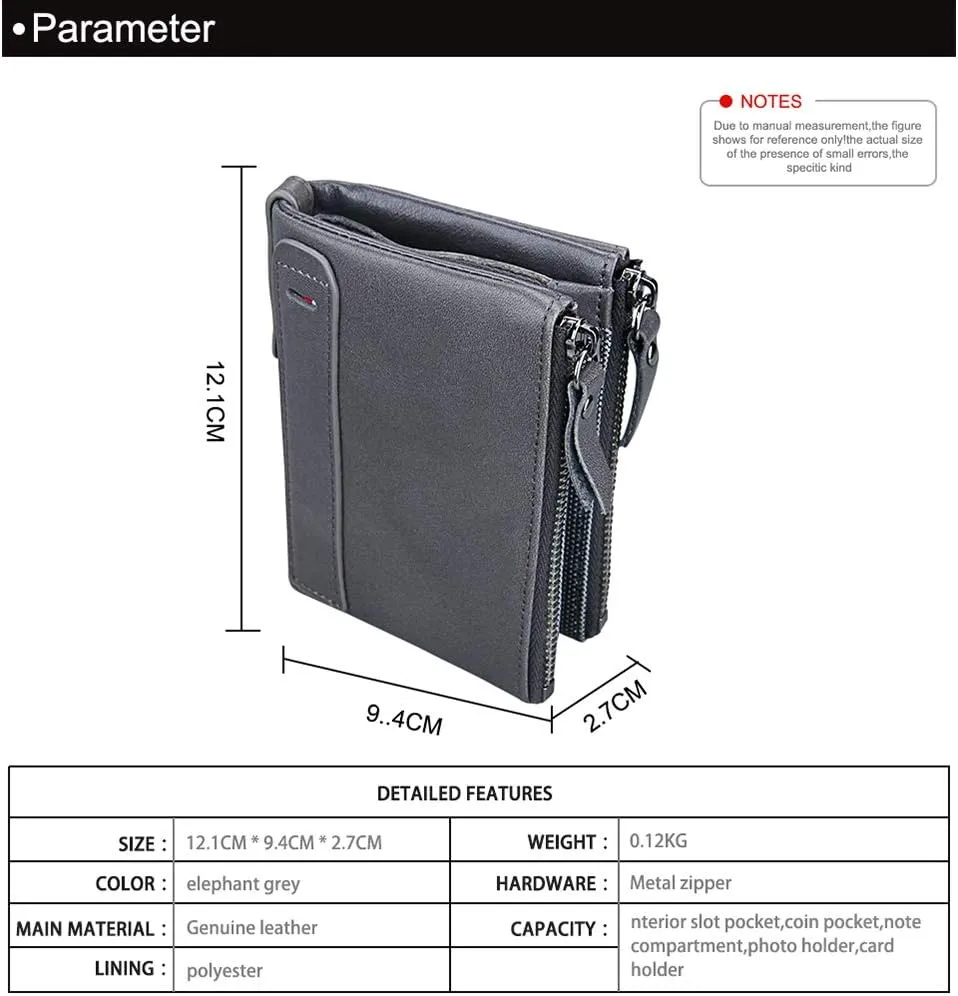 Men's Folding Double Zip Wallet RFID Blocks Retro Short Coin Purse