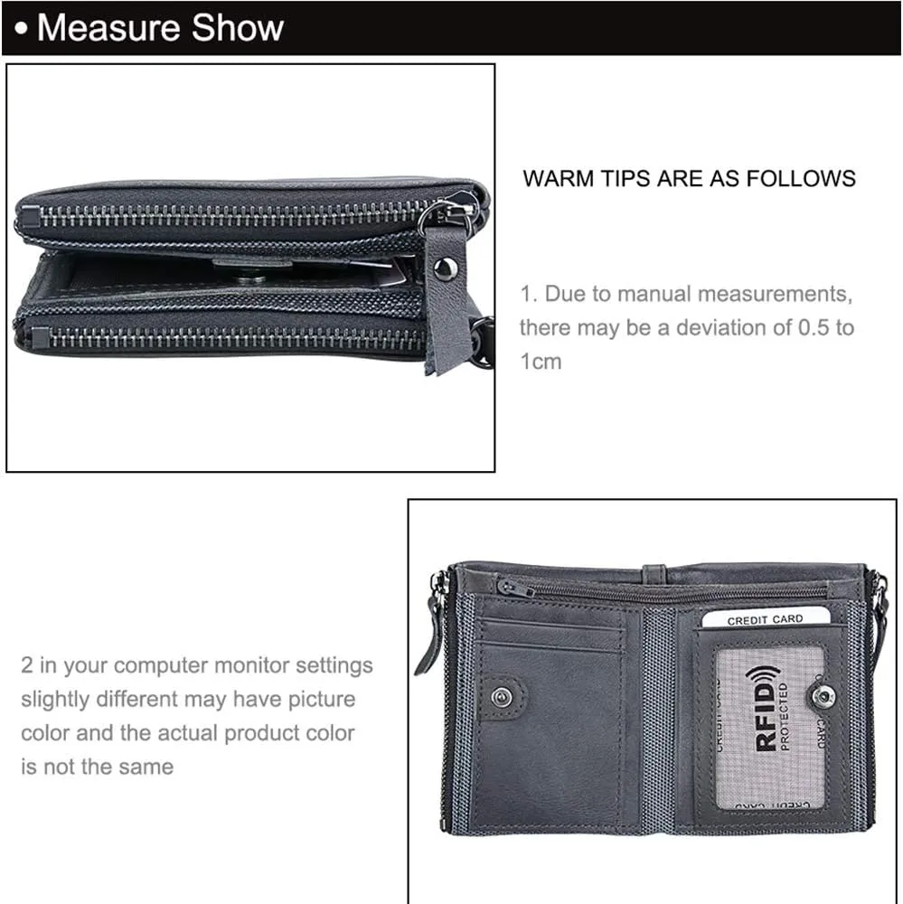 Men's Folding Double Zip Wallet RFID Blocks Retro Short Coin Purse