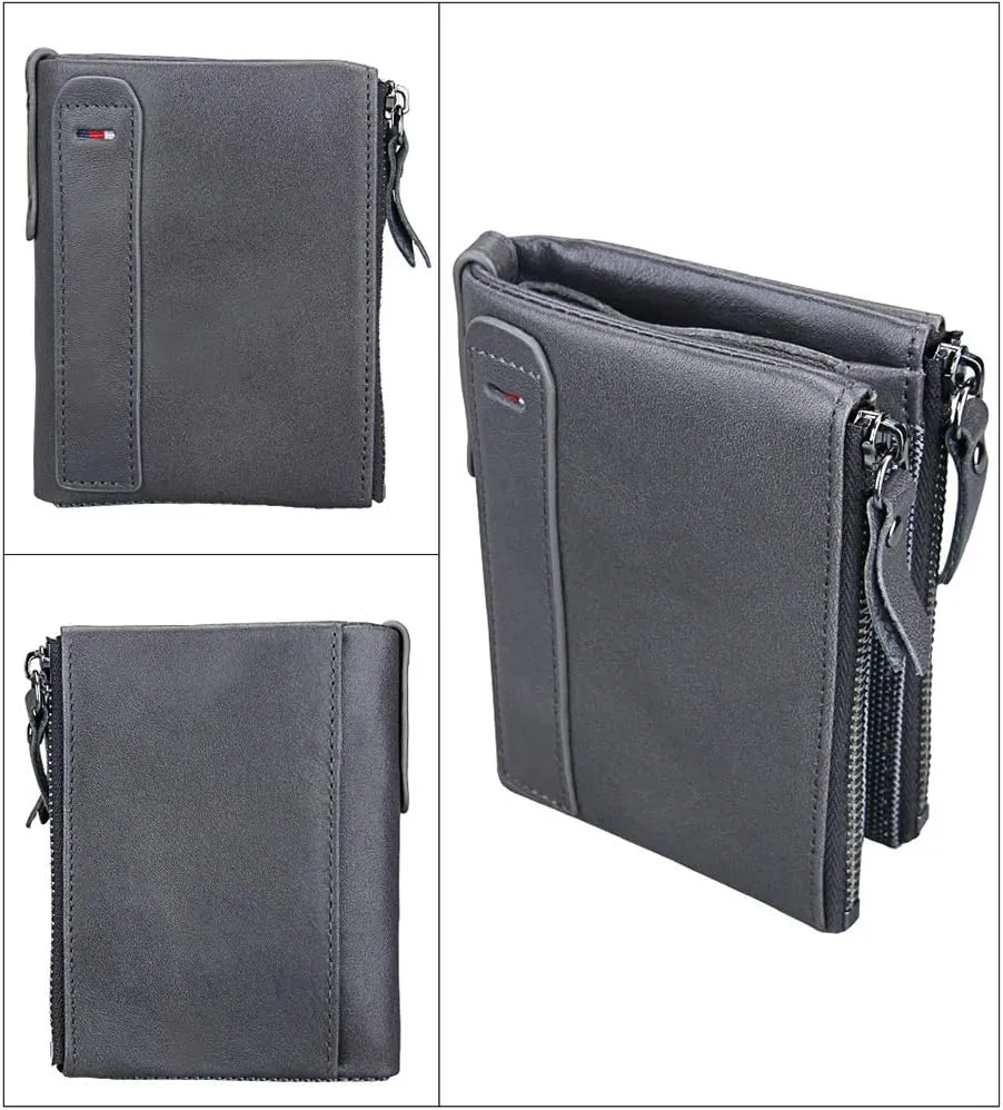 Men's Folding Double Zip Wallet RFID Blocks Retro Short Coin Purse