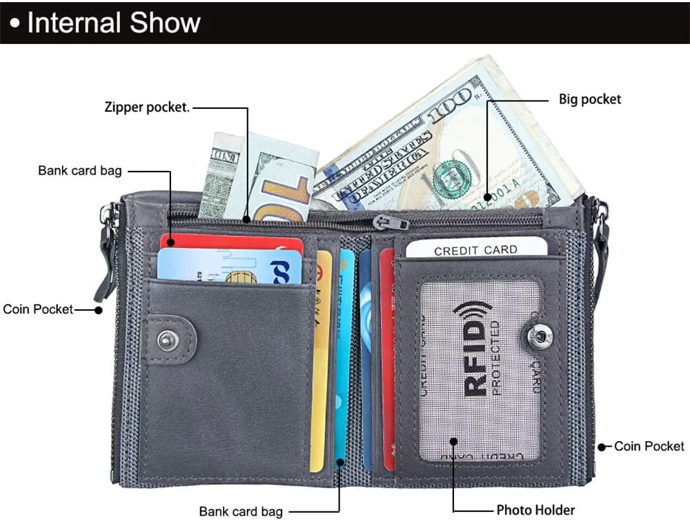Men's Folding Double Zip Wallet RFID Blocks Retro Short Coin Purse
