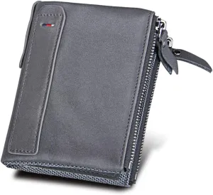 Men's Folding Double Zip Wallet RFID Blocks Retro Short Coin Purse