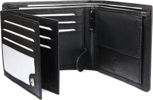 Mens Nappa Leather Wallet, 12 card slots Trifold with RFID Protection, landscape format Billfold, Black