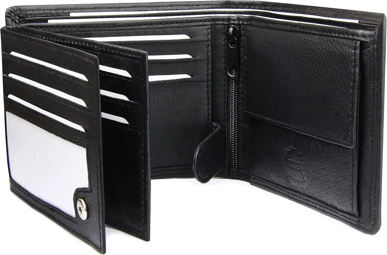 Mens Nappa Leather Wallet, 12 card slots Trifold with RFID Protection, landscape format Billfold, Black