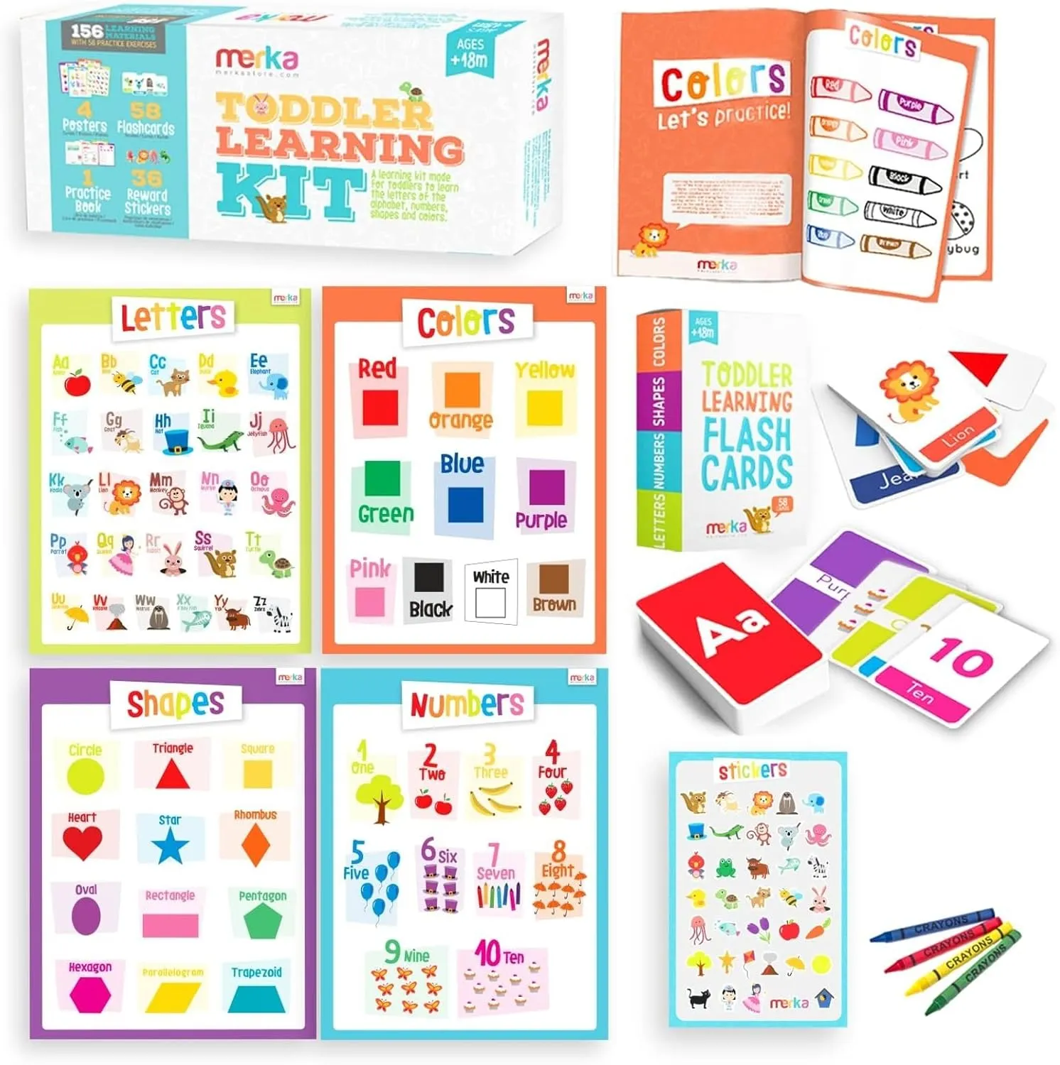 Merka Toddler Learning Kit, Learning ABC, Alphabet, Letters, Colors, Shapes and Numbers, Educational Toys Set with 4 Posters, 58 Flashcards, Practice Book, Sticker, Preschool Homeschool Kit