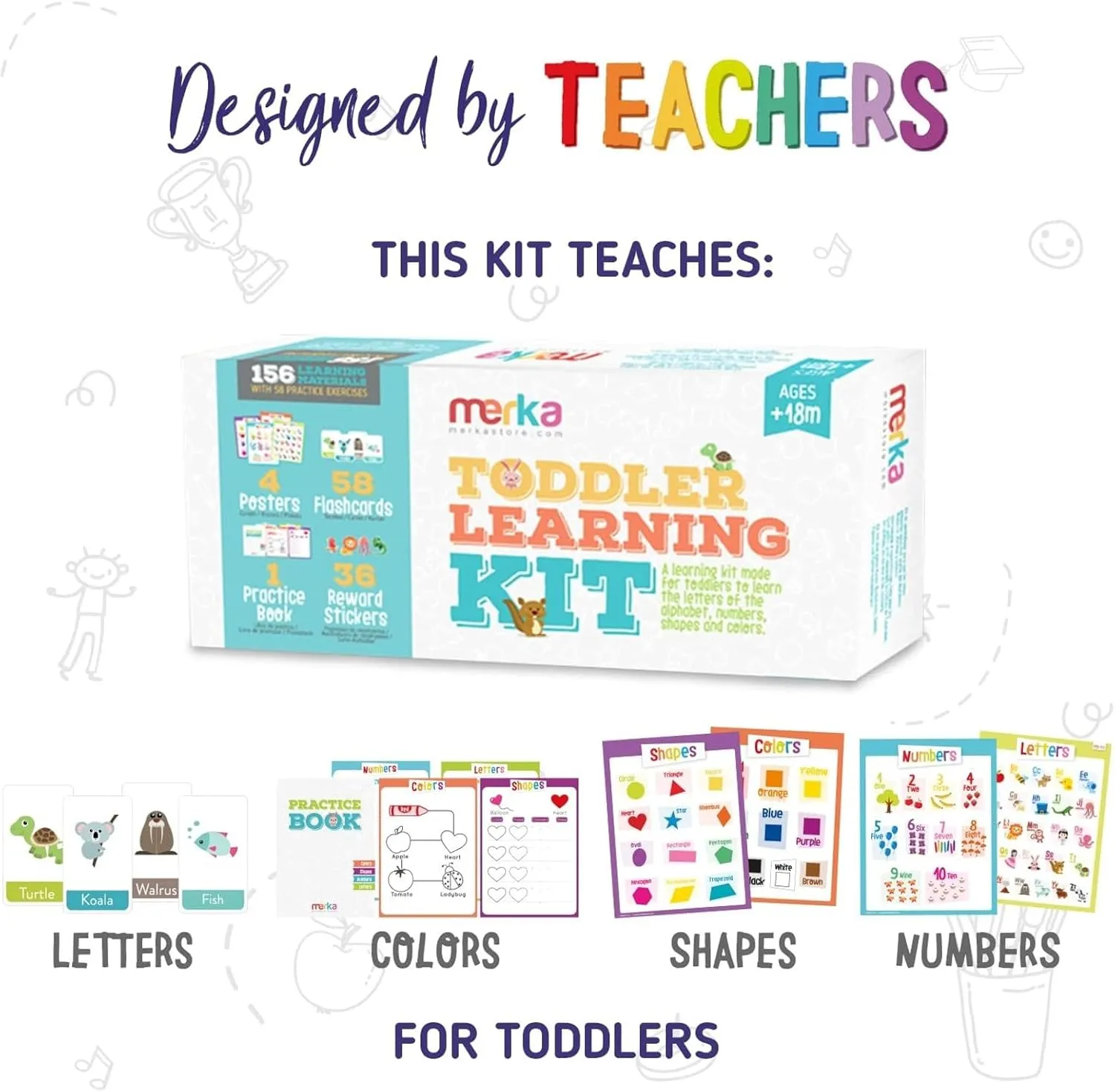 Merka Toddler Learning Kit, Learning ABC, Alphabet, Letters, Colors, Shapes and Numbers, Educational Toys Set with 4 Posters, 58 Flashcards, Practice Book, Sticker, Preschool Homeschool Kit
