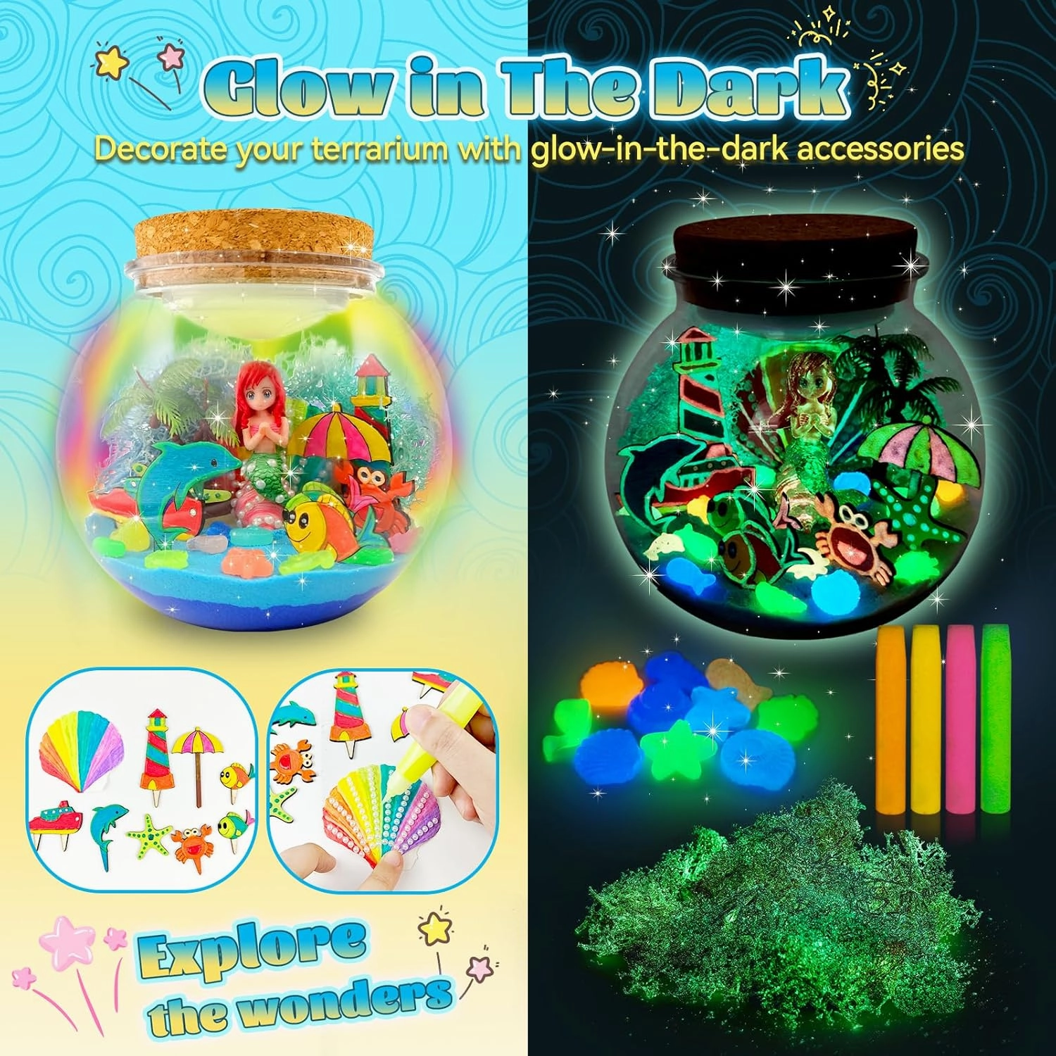 Mermaid Terrarium Kit for Kids - Arts & Crafts Activities Sets With Glow in The Dark Painting - DIY Mermaid Toys Birthday Gifts for Girls Age 5, 6, 7, 8, 9, 10, 11 & 12 Year Old(Mermaid Terrarium)