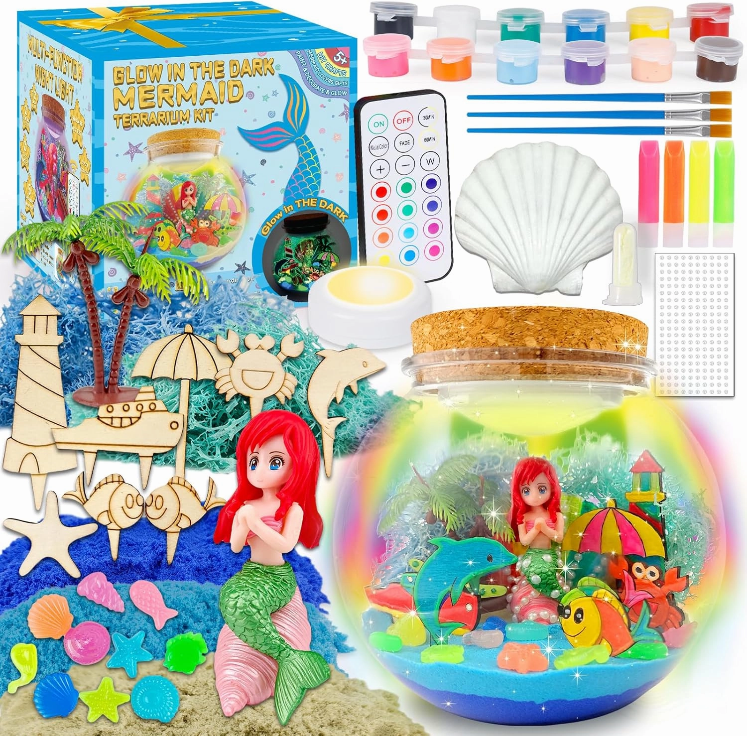 Mermaid Terrarium Kit for Kids - Arts & Crafts Activities Sets With Glow in The Dark Painting - DIY Mermaid Toys Birthday Gifts for Girls Age 5, 6, 7, 8, 9, 10, 11 & 12 Year Old(Mermaid Terrarium)