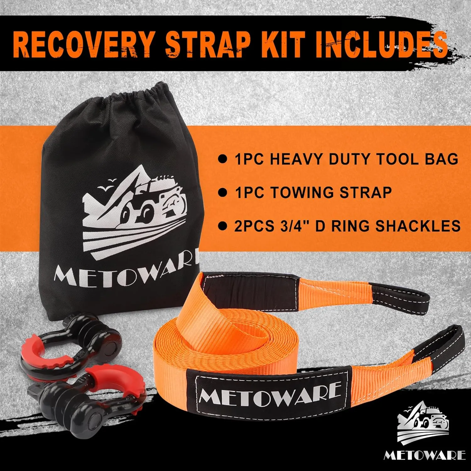 METOWARE Heavy Duty Tow Strap Recovery Kit - 3" x 20ft(35,000lbs) Tree Saver Winch Strap   3/4" D Ring Shackles(2pcs)   Storage Bag - Truck, SUV, ATV Off Road Towing Strap Kit