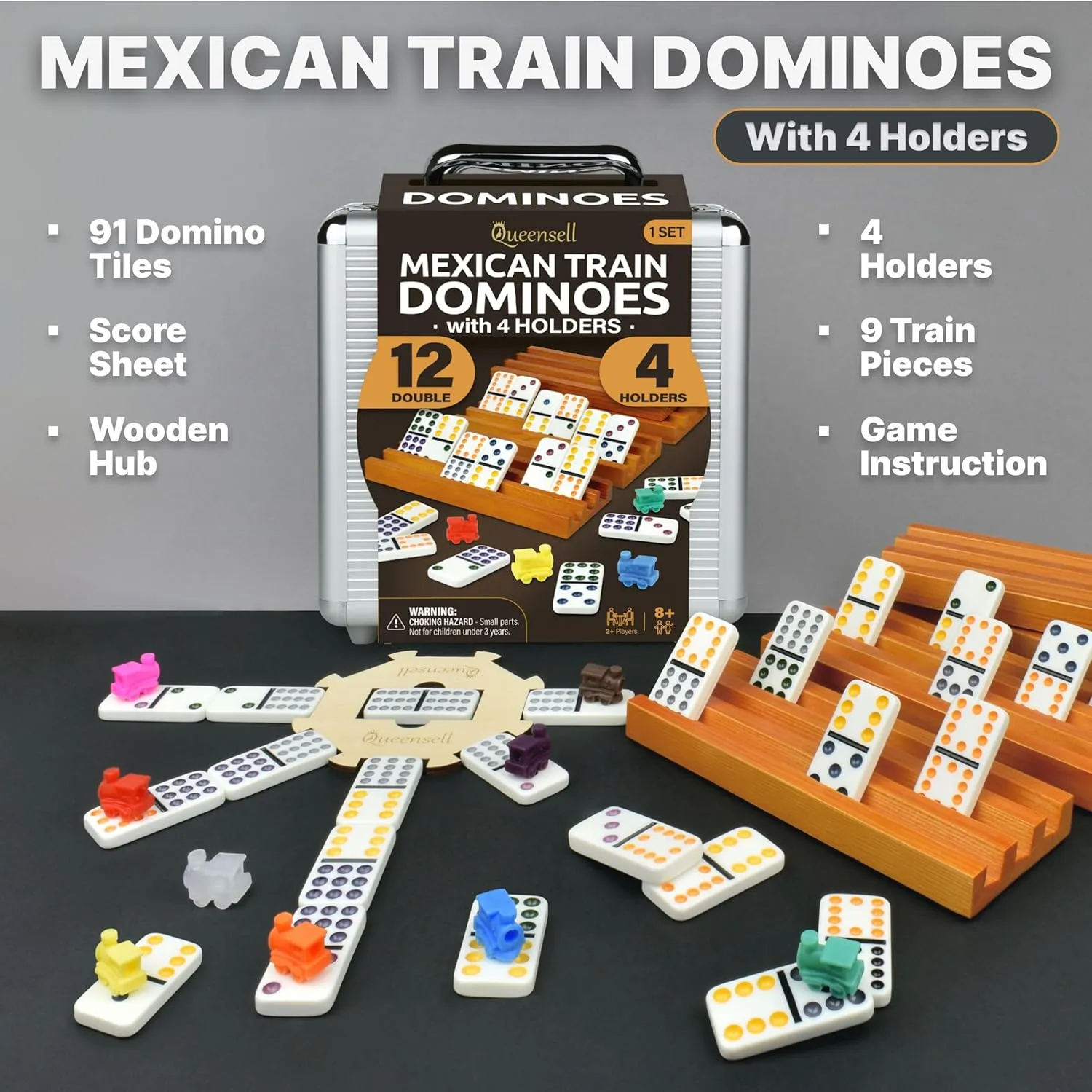 Mexican Train Dominoes Set with 4 Holders - Dominoes Double 12 with Wooden Hub and Tiles Holders - Double 12 Dominos Set for Family Game Night for Adults and Kids Ages 8 and up (D12   4 Holders)