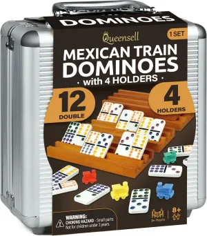 Mexican Train Dominoes Set with 4 Holders - Dominoes Double 12 with Wooden Hub and Tiles Holders - Double 12 Dominos Set for Family Game Night for Adults and Kids Ages 8 and up (D12   4 Holders)