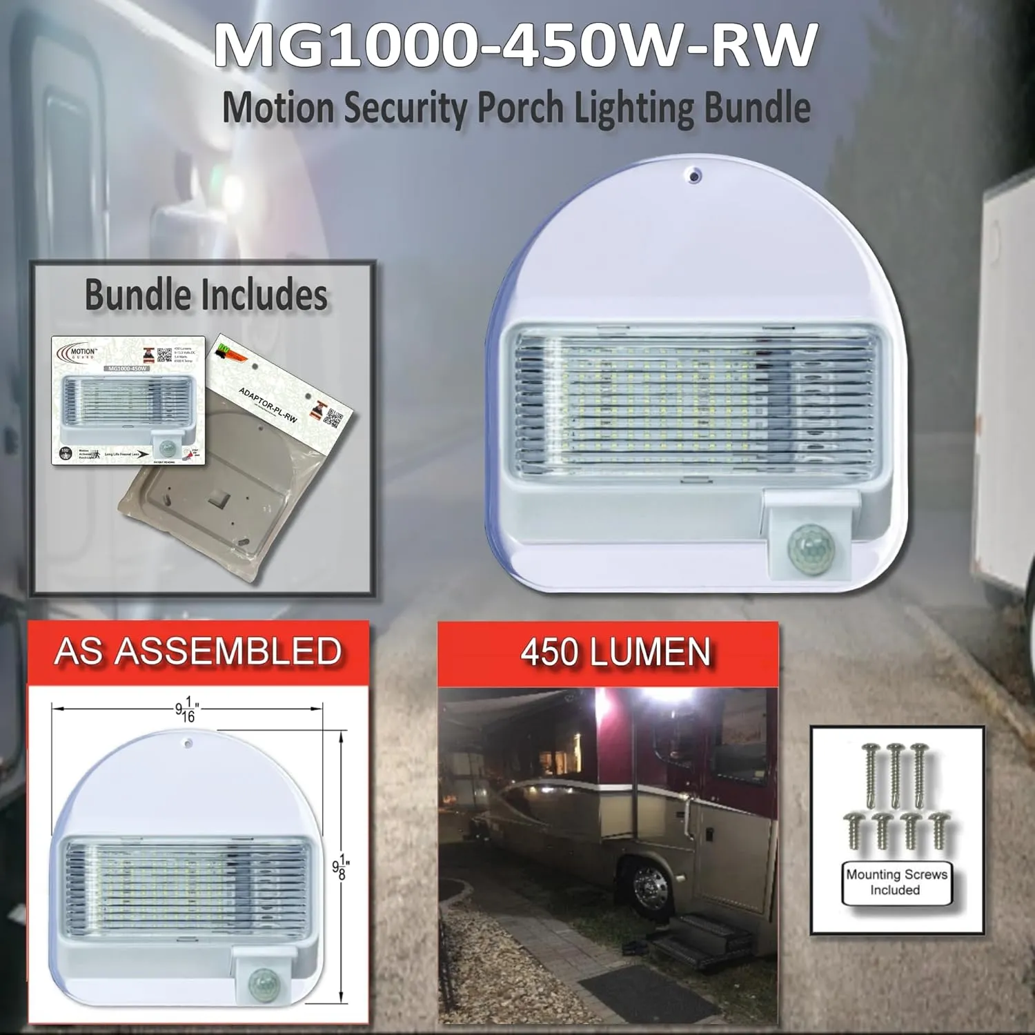 MG1000-450W-RW, RV Exterior Mounted Bright LED Motion Sensor Porch Flood Light, Rated IP65 with INTELA-Sensor, Polarity Guard, Adjustable Sensitivity and EMI Suppression