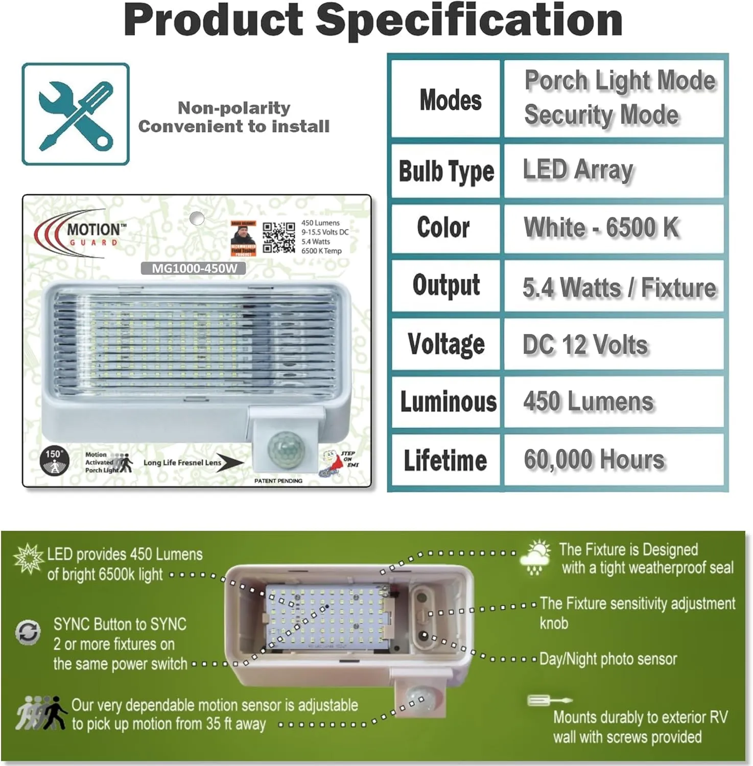 MG1000-450W-RW, RV Exterior Mounted Bright LED Motion Sensor Porch Flood Light, Rated IP65 with INTELA-Sensor, Polarity Guard, Adjustable Sensitivity and EMI Suppression