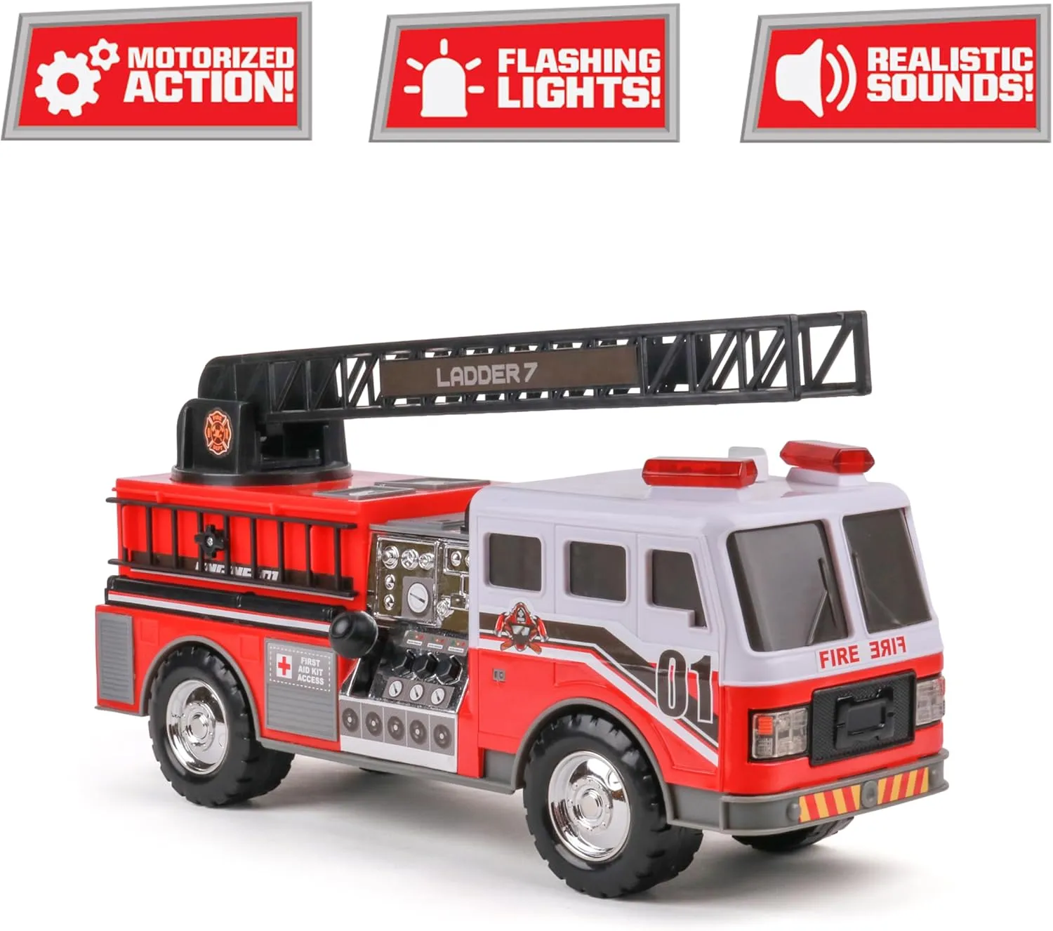 Mighty Fleet Mighty Motorized Fire Ladder Truck Firetruck Toy w/Lights & Sounds, Motorized Ladder, Extending Ladder, Realistic Design & Batteries Included - Age 3 
