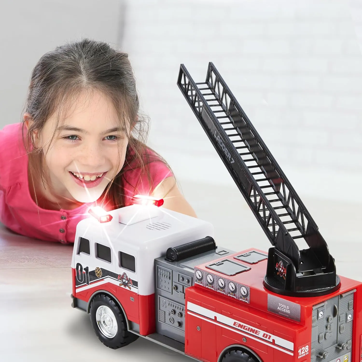 Mighty Fleet Mighty Motorized Fire Ladder Truck Firetruck Toy w/Lights & Sounds, Motorized Ladder, Extending Ladder, Realistic Design & Batteries Included - Age 3 