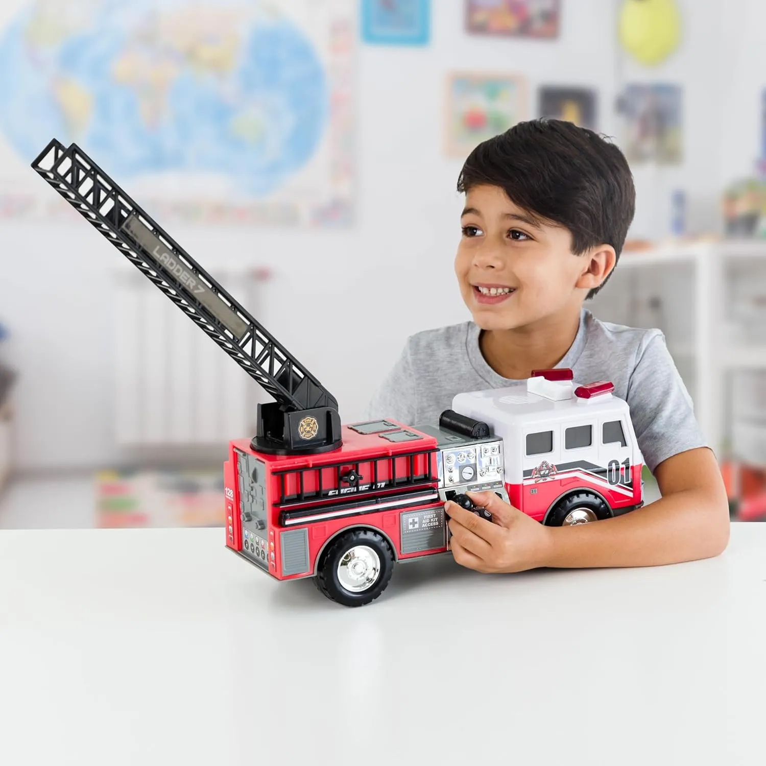 Mighty Fleet Mighty Motorized Fire Ladder Truck Firetruck Toy w/Lights & Sounds, Motorized Ladder, Extending Ladder, Realistic Design & Batteries Included - Age 3 