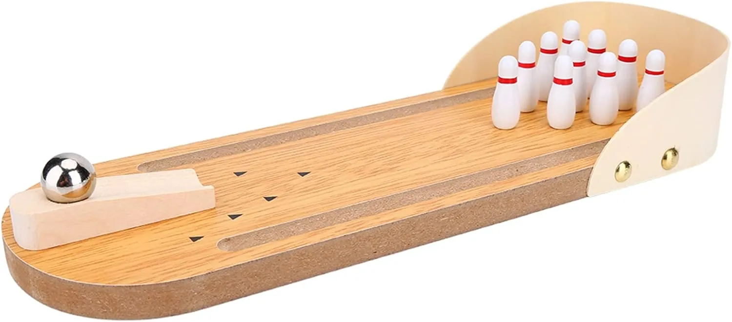 Mini Bowling Set, Adjustable Angle Ball 1 Set Wooden Desktop Toy for Kids for Home and Office Fun