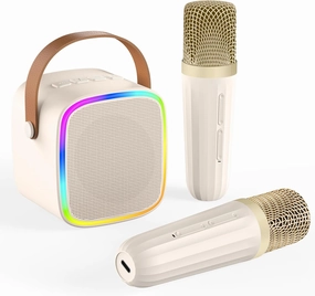 Mini Karaoke Machine for Kids, Portable Bluetooth Microphone for Singing with LED Lights, Karaoke Speaker with 2 Wireless Mics as Girls Toys Gifts Aged 3-12 (Beige)