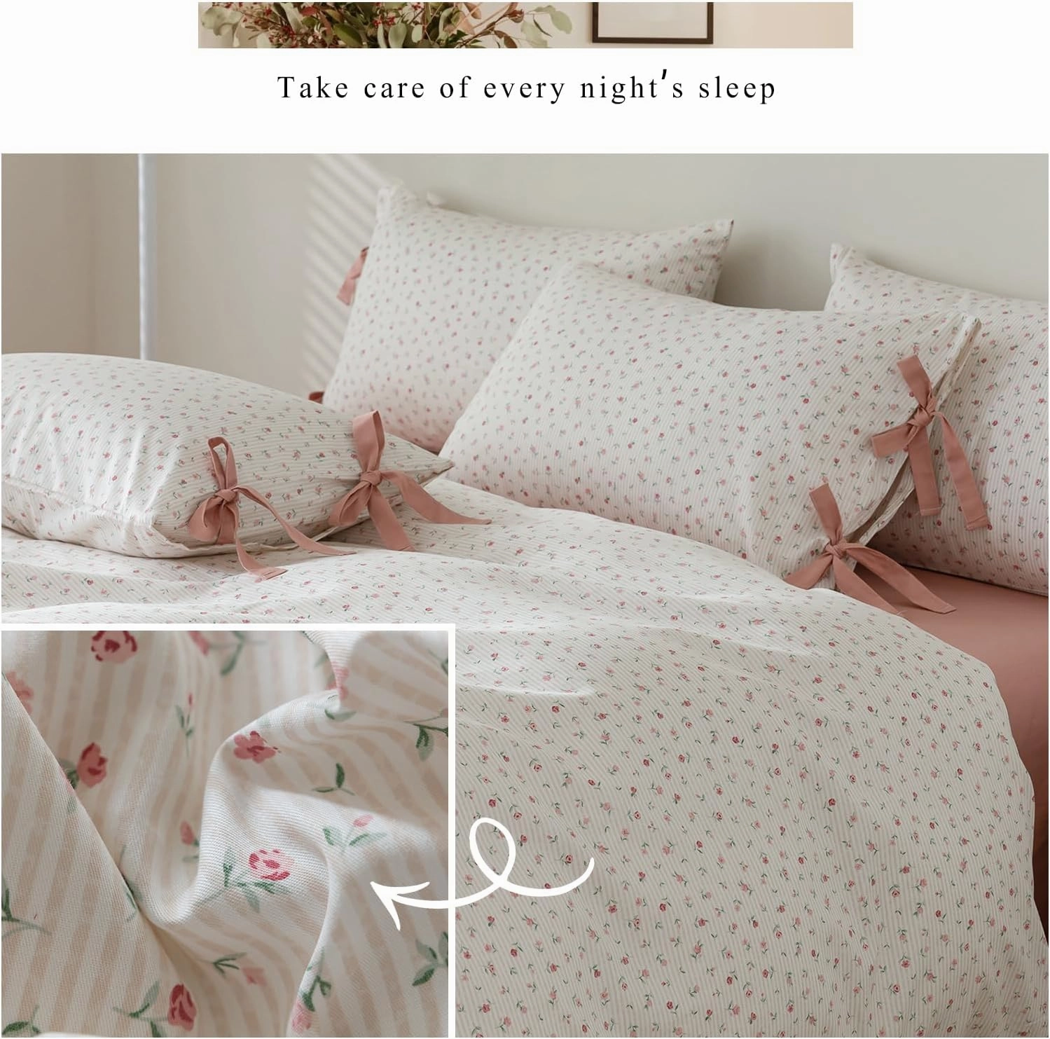 mixinni White Flower Pattern Duvet Cover Twin XL Pink Floral Stripes Duvet Cover Set 100% Cotton Bedding Set with Zipper Ties Bow Tie Pillowcases, Easy Care, Ultra Soft and Breathable-Twin XL Size