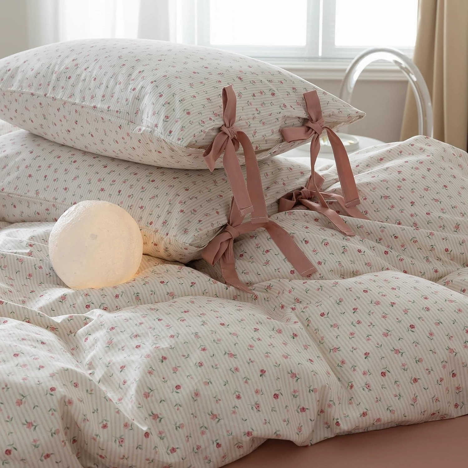 mixinni White Flower Pattern Duvet Cover Twin XL Pink Floral Stripes Duvet Cover Set 100% Cotton Bedding Set with Zipper Ties Bow Tie Pillowcases, Easy Care, Ultra Soft and Breathable-Twin XL Size