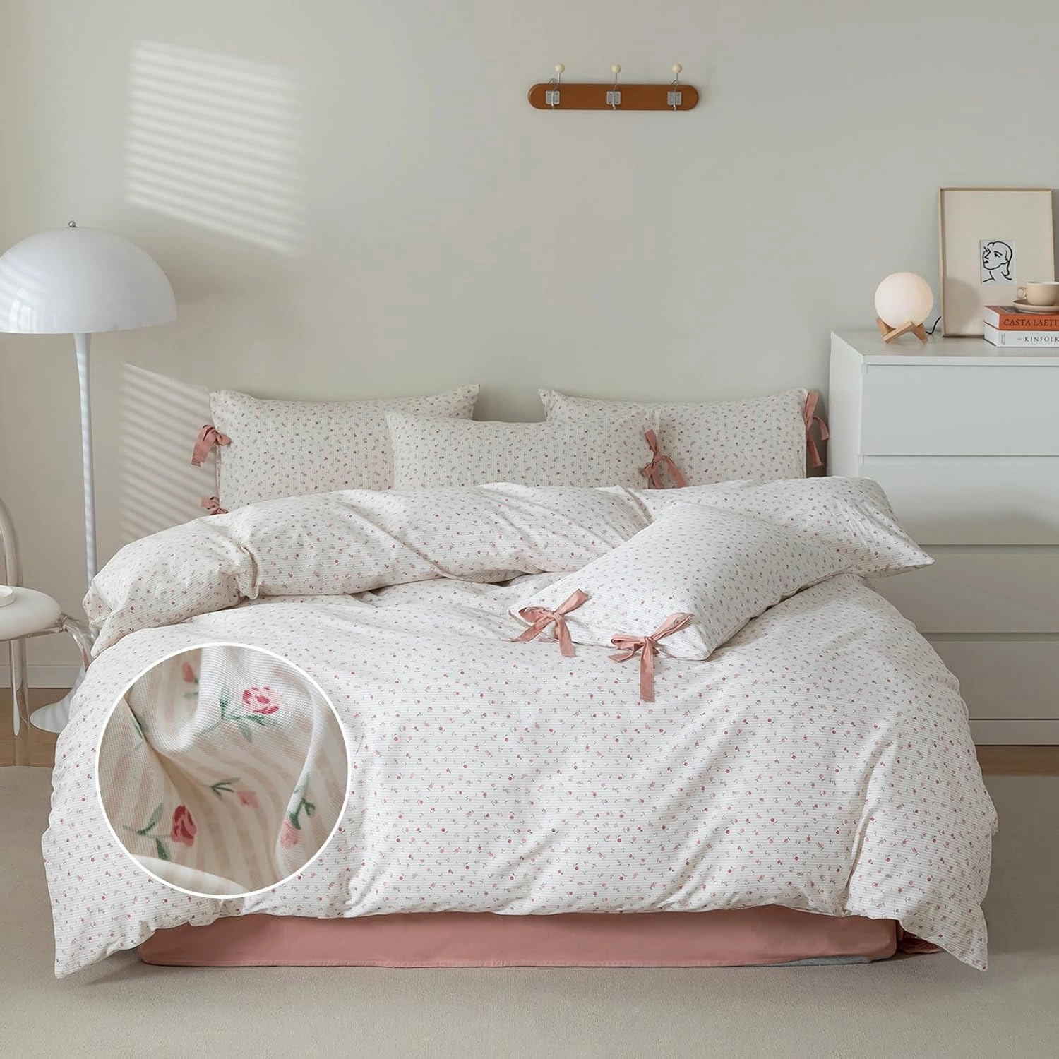 mixinni White Flower Pattern Duvet Cover Twin XL Pink Floral Stripes Duvet Cover Set 100% Cotton Bedding Set with Zipper Ties Bow Tie Pillowcases, Easy Care, Ultra Soft and Breathable-Twin XL Size