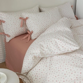 mixinni White Flower Pattern Duvet Cover Twin XL Pink Floral Stripes Duvet Cover Set 100% Cotton Bedding Set with Zipper Ties Bow Tie Pillowcases, Easy Care, Ultra Soft and Breathable-Twin XL Size