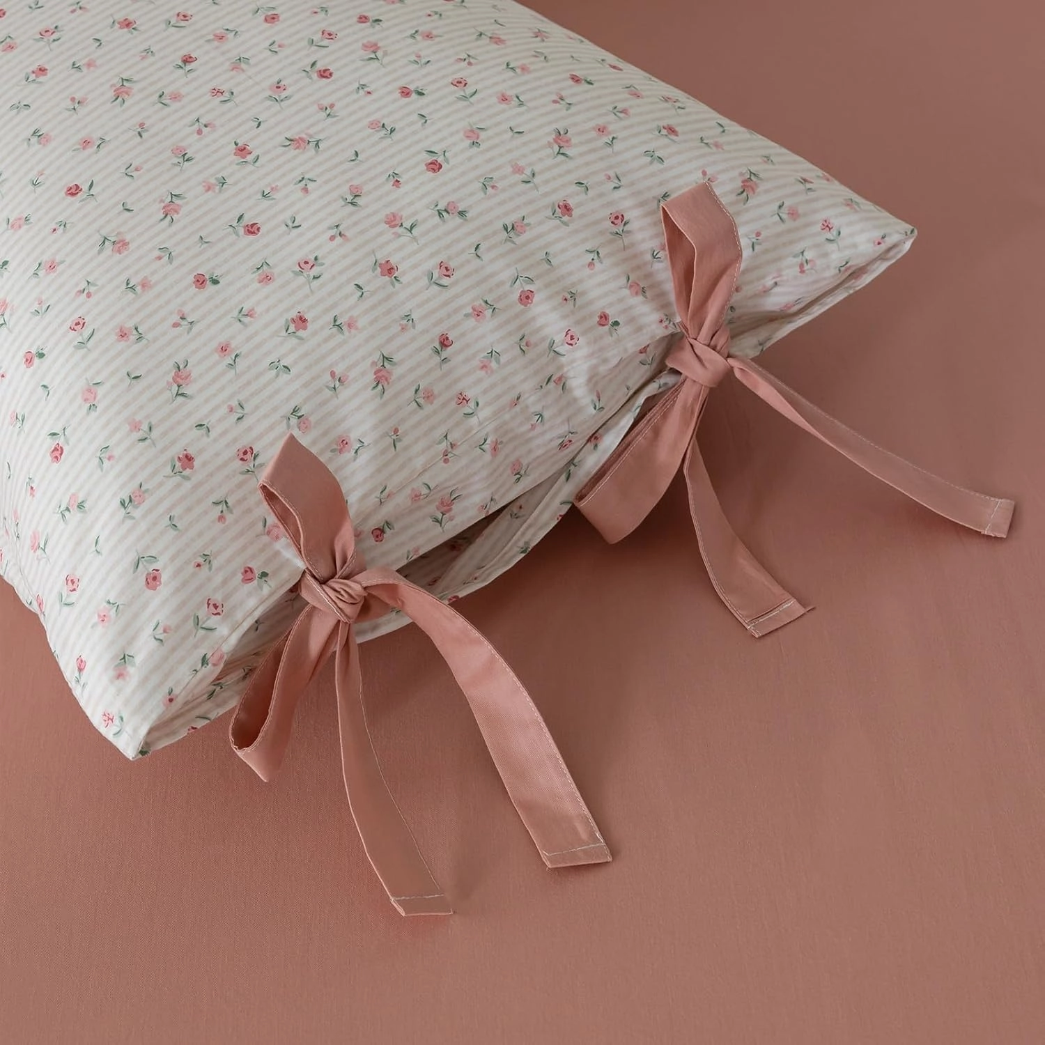 mixinni White Flower Pattern Duvet Cover Twin XL Pink Floral Stripes Duvet Cover Set 100% Cotton Bedding Set with Zipper Ties Bow Tie Pillowcases, Easy Care, Ultra Soft and Breathable-Twin XL Size