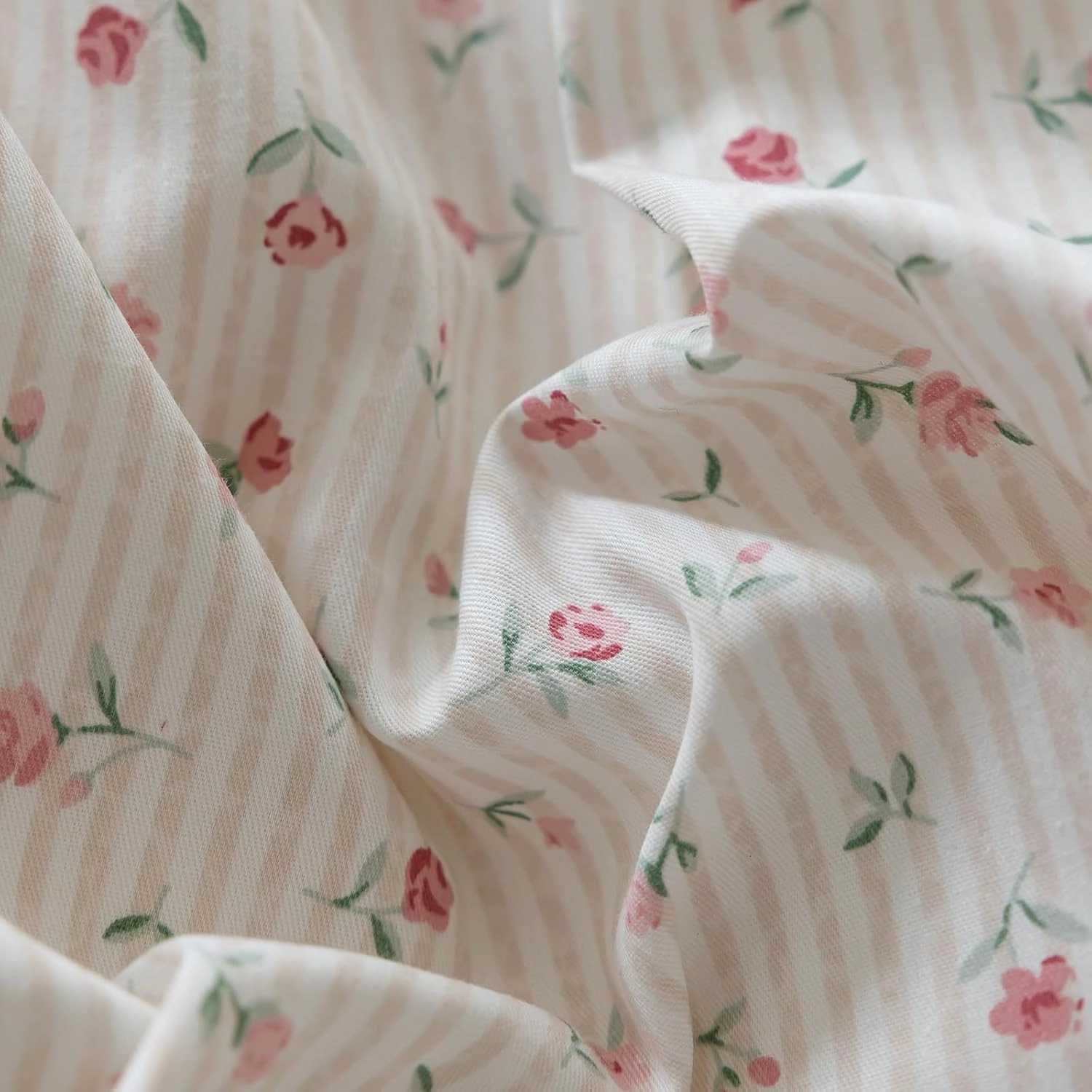 mixinni White Flower Pattern Duvet Cover Twin XL Pink Floral Stripes Duvet Cover Set 100% Cotton Bedding Set with Zipper Ties Bow Tie Pillowcases, Easy Care, Ultra Soft and Breathable-Twin XL Size