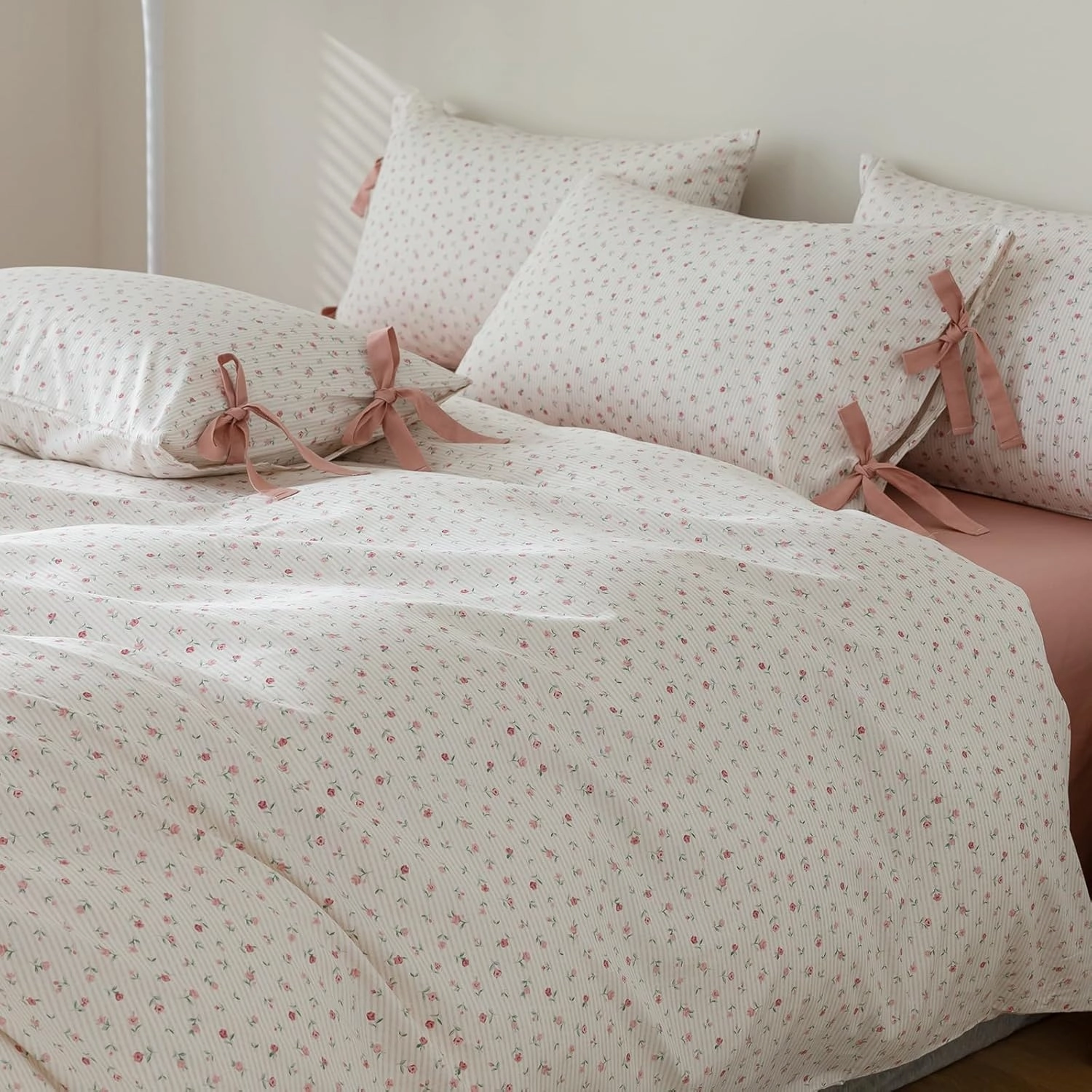 mixinni White Flower Pattern Duvet Cover Twin XL Pink Floral Stripes Duvet Cover Set 100% Cotton Bedding Set with Zipper Ties Bow Tie Pillowcases, Easy Care, Ultra Soft and Breathable-Twin XL Size