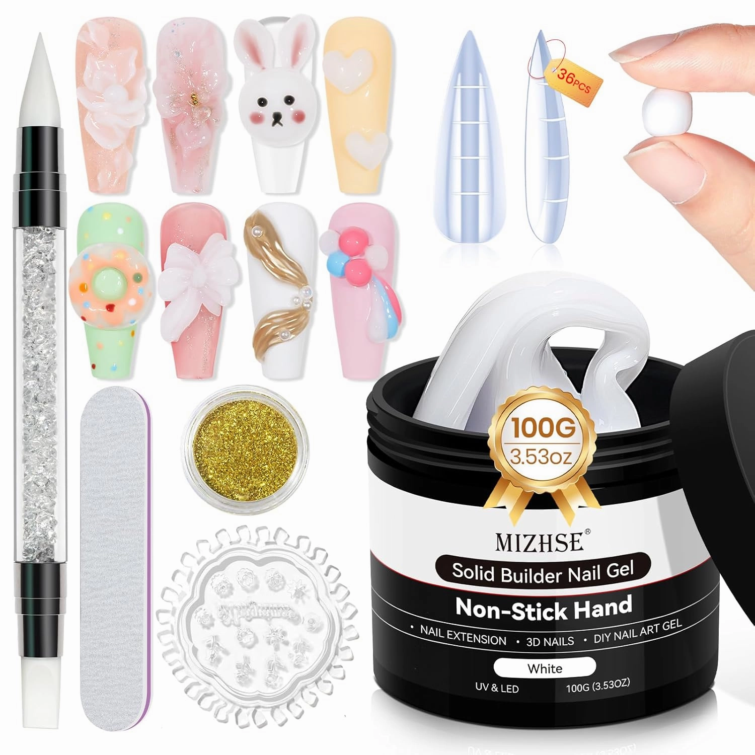 MIZHSE 100g Solid Builder Gel, Large Capacity White Sculpting Gel for Nails, Non-sticky Hand 3D Nail Art Building Carving Modeling Hard Nail Extension with 3D Mold Nail Art Salon Home DIY