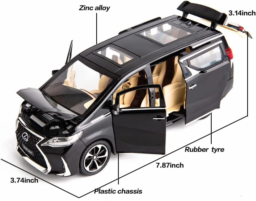 Model Car 1/24 Lexus LM300 Alloy Pull Back Metal Collectible Toy Car with Light and Sound Toy Vehicle Door Can be Opened, Gift Black.