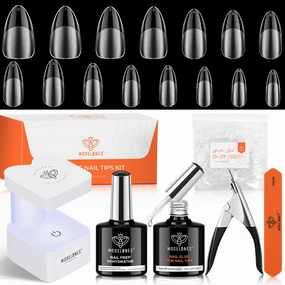 modelones Gel Nail Kit Almond, Upgrade 15Sizes Fake Nails, 9-in-One Glue Nail Dehydrator & Mini U V Light Clipper, 510Pcs Medium Almond Press on Nails Tips for Extension DIY Salon Home Gift