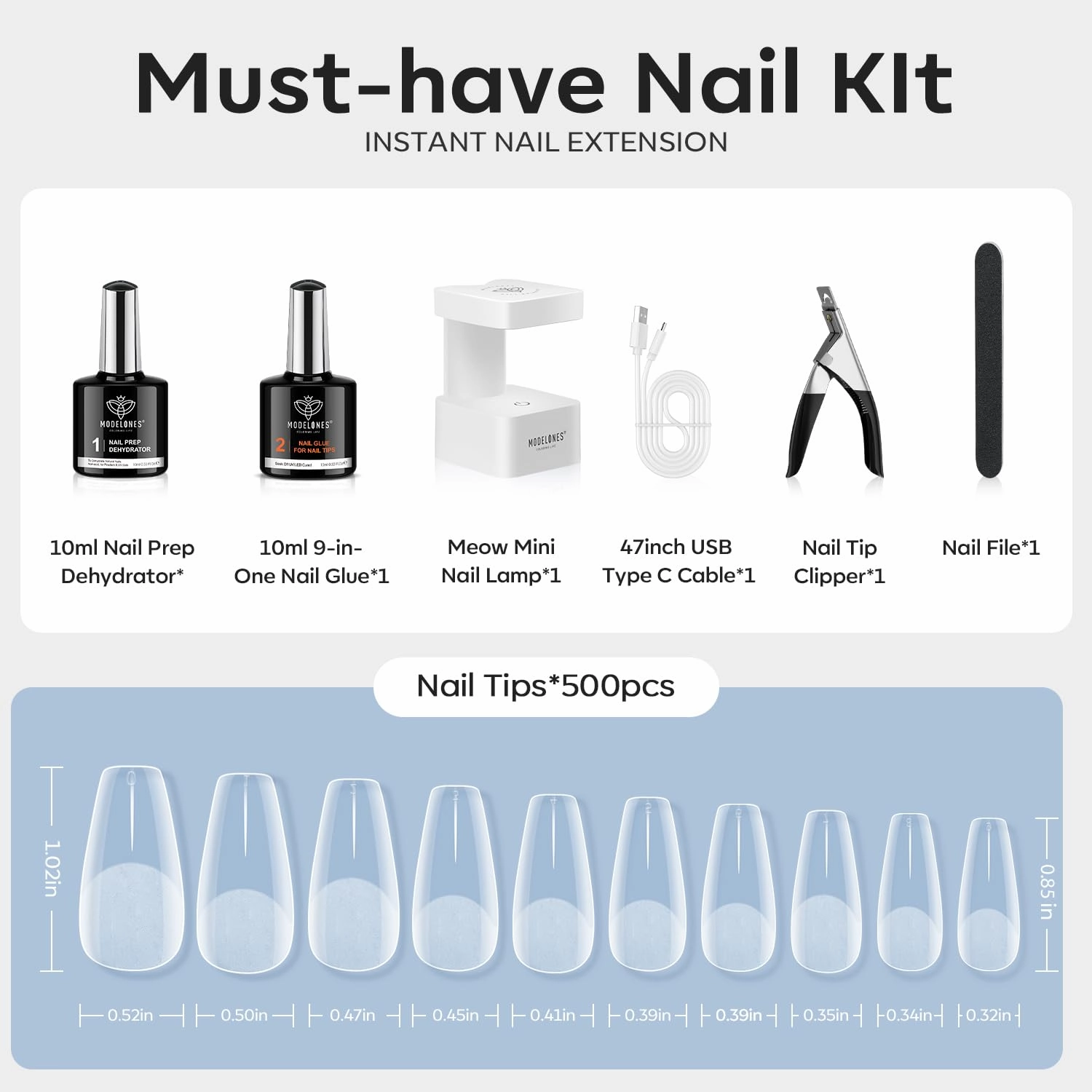modelones Gel Nail Kit, Fake Nails Medium Coffin, 9-in-One Glue Prep Dehydrator & Portable Mini U V Light Acrylic Clipper, 500Pcs Coffin Tips Extension Kit for DIY Salon Home Gifts for Women