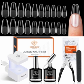 modelones Gel Nail Kit, Fake Nails Medium Coffin, 9-in-One Glue Prep Dehydrator & Portable Mini U V Light Acrylic Clipper, 500Pcs Coffin Tips Extension Kit for DIY Salon Home Gifts for Women
