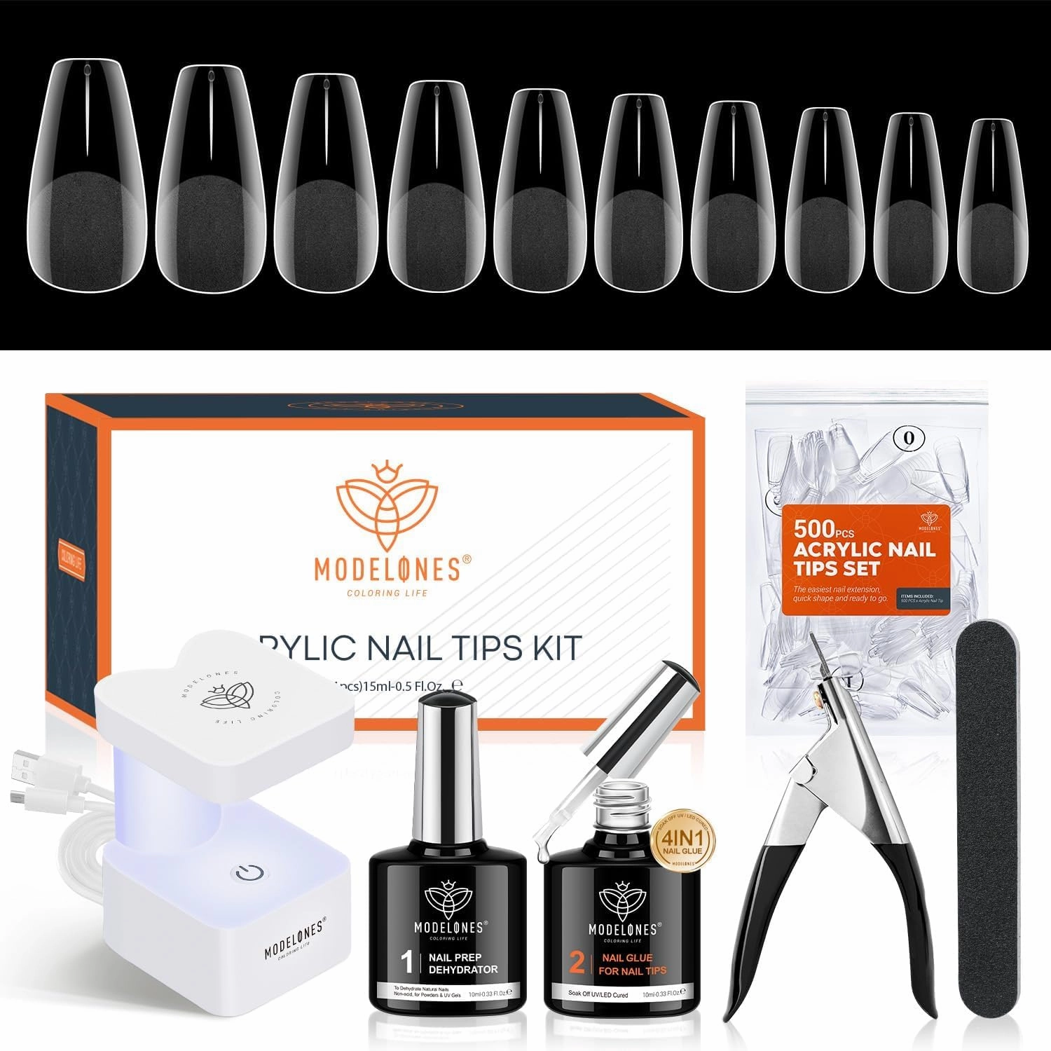 modelones Gel Nail Kit, Fake Nails Medium Coffin, 9-in-One Glue Prep Dehydrator & Portable Mini U V Light Acrylic Clipper, 500Pcs Coffin Tips Extension Kit for DIY Salon Home Gifts for Women