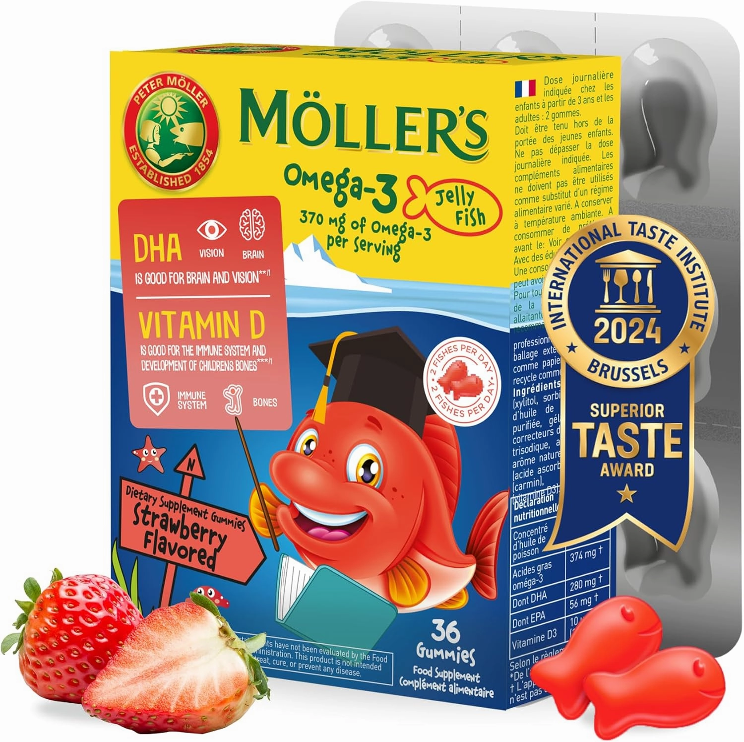 Moller’s ® | Omega 3 Capsules for Children | Natural Fish Oil Omega 3 Fish Oil for Kids | with DHA and EPA, No Gluten, Lactose or Added Sugar & Easy to Chew | Strawberry Flavor | 36 Capsules