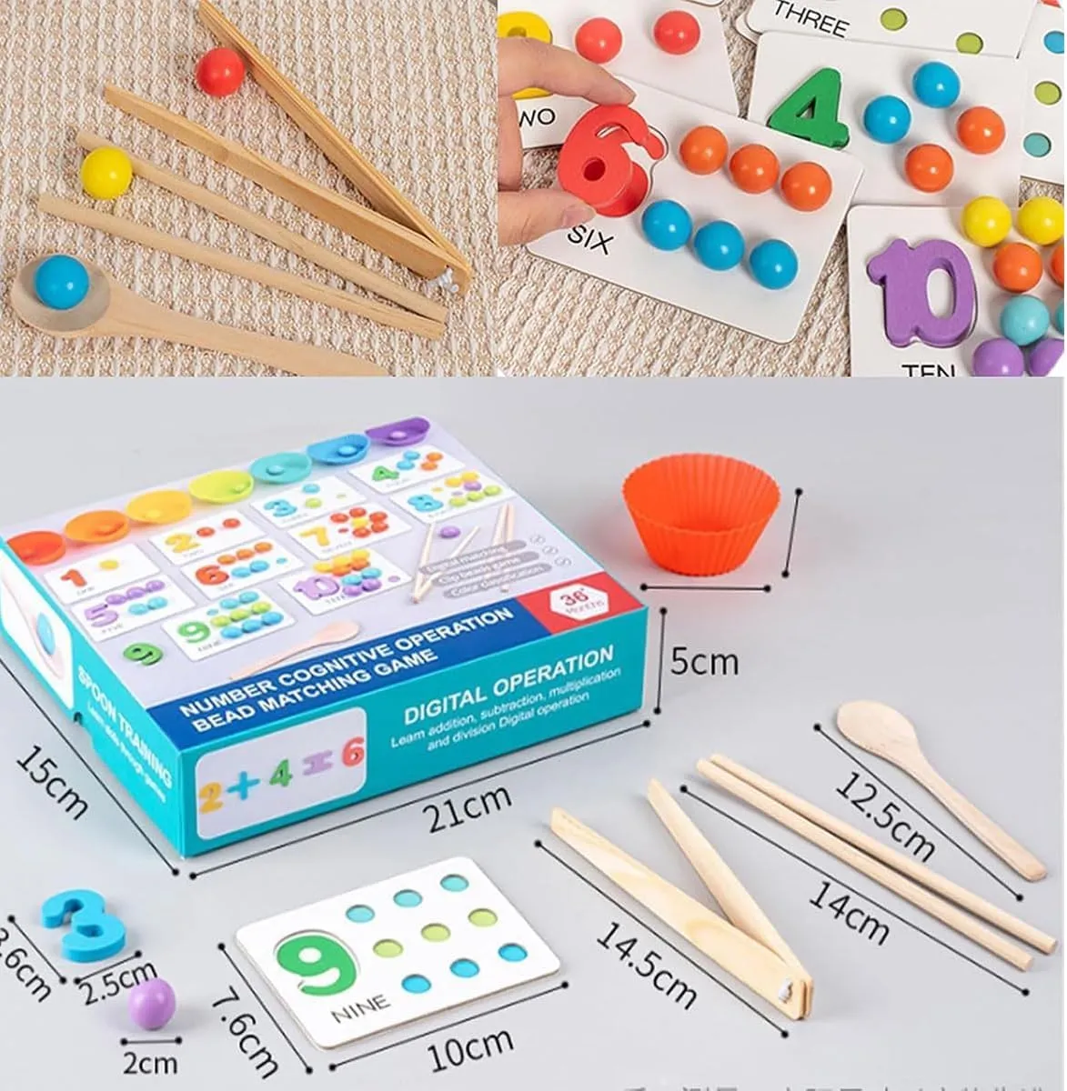 Montessori Arithmetic Math Toy Set - Beads, Chopsticks & Spoons, 2025 New Silicone Digital Learning with Beads, Number Crunching Clip Bead Matching, Number Blocks (2set)