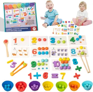 Montessori Arithmetic Math Toy Set - Beads, Chopsticks & Spoons, Silicone Digital Learning with Beads, Montessori Toys, Number Blocks, Daily Number Match, Wooden Toy for Children Gifts (1 Set)