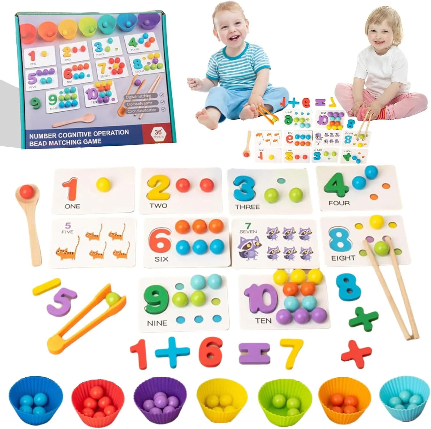 Montessori Arithmetic Math Toy Set - Beads, Chopsticks & Spoons, Silicone Digital Learning with Beads, Montessori Toys, Number Blocks, Daily Number Match, Wooden Toy for Children Gifts (1 Set)