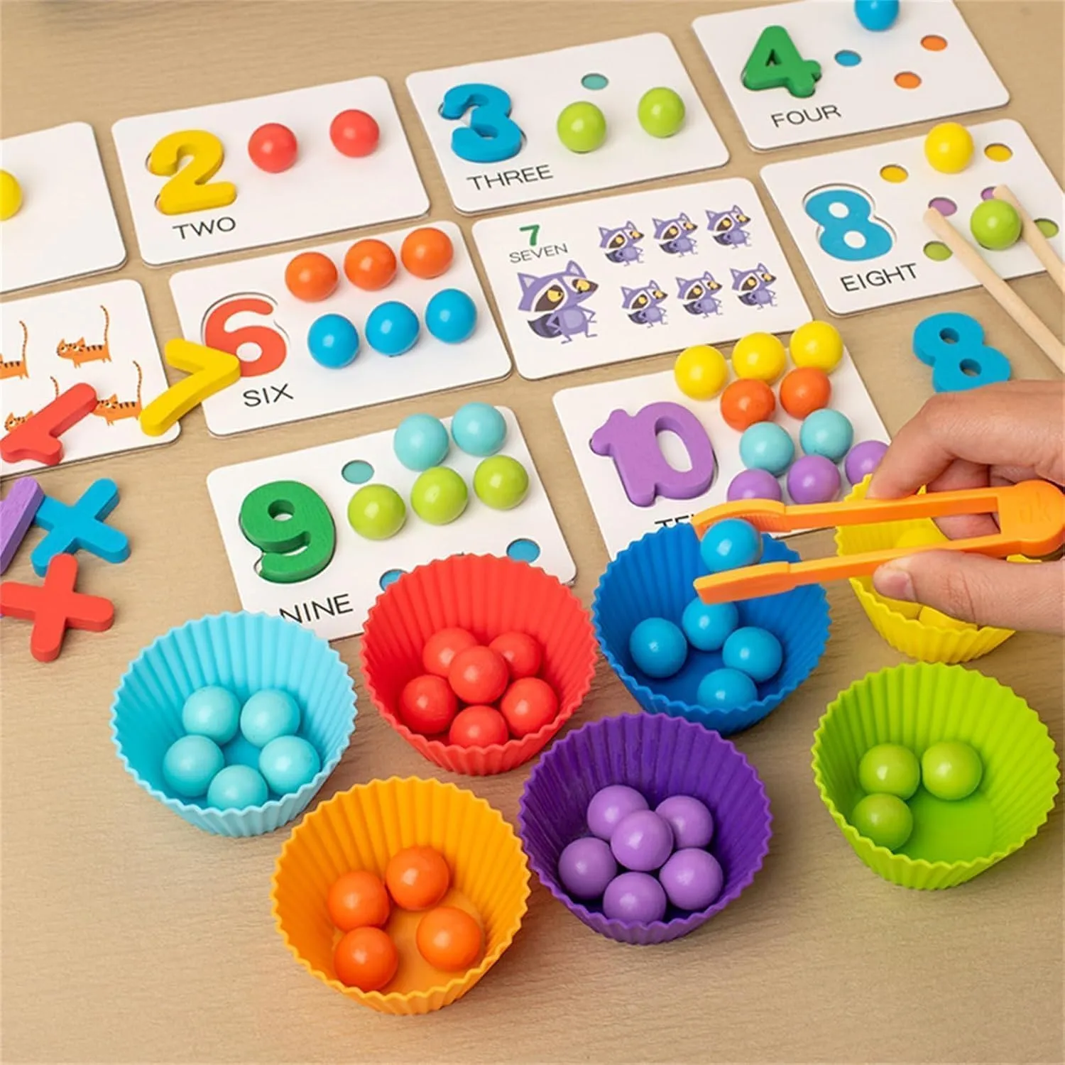 Montessori Arithmetic Math Toy Set – Silicone Digital Learning with Beads,Chopsticks & Spoons, Number Crunching Clip Bead Matching, Number Blocks (1pc)