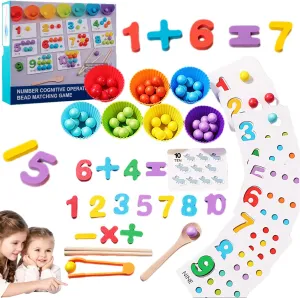 Montessori Arithmetic Math Toy Set,Silicone Digital Learning with Beads,Chopsticks & Spoons, Montessori Toys, Number Crunching Clip Bead Matching, Number Blocks,Wooden Toy for Children Gifts (1PC)