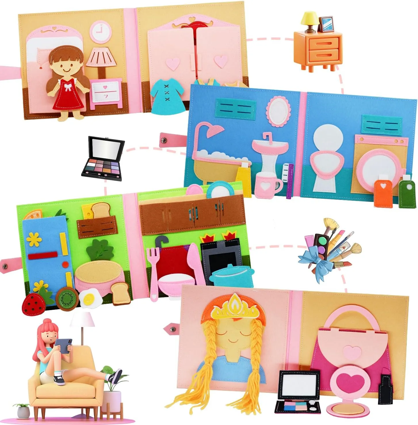 Montessori Felt Busy Book Toddlers Quite Book Preschool Early Learning Educational Travel Toys for Kids Age 3 4 5 6 Years Autism Sensory Cloth Book Daily House Activity Story Book Girls Gift