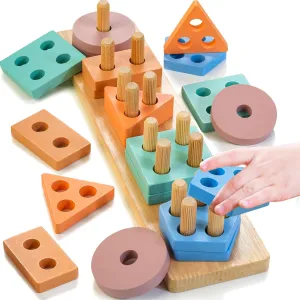 Montessori Toys for 1-3 Years Old, Wooden Sorting & Stacking Toys for Toddlers, Education Preschool Puzzles Gift for Baby Boy & Girl