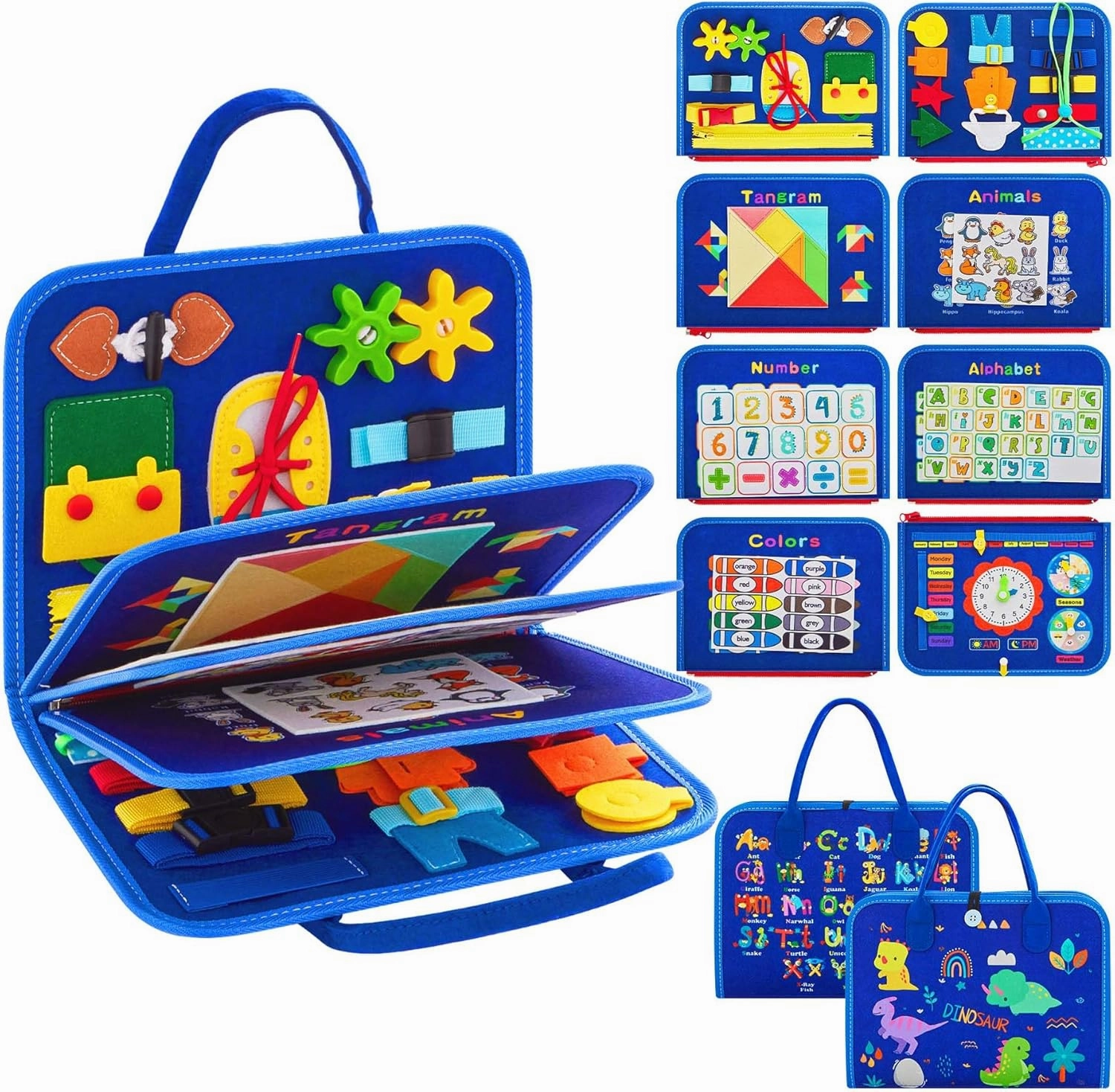 Montessori Busy Board for Toddlers 1-4 Years Old – Sensory Educational Toy for Fine Motor Skills, Travel-Friendly Activity Book, for Boys & Girls, Blue