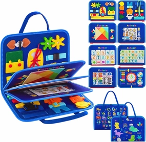 Montessori Busy Board for Toddlers 1-4 Years Old – Sensory Educational Toy for Fine Motor Skills, Travel-Friendly Activity Book, for Boys & Girls, Blue