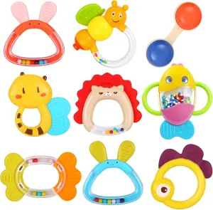 MOONTOY 9pcs Baby Rattles 0-6 Months, Infant Teething Toys 3-6 Months, Newborn Teethers Baby Toys 0-3 6-12 Months Easter Basket Stuffers Sensory Toys for Babies 1 2 3 4 5 6 7 9 10 Month Boy Girl Gifts