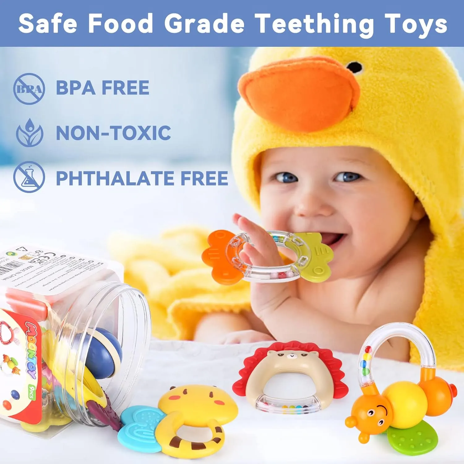 MOONTOY 9pcs Baby Rattles 0-6 Months, Infant Teething Toys 3-6 Months, Newborn Teethers Baby Toys 0-3 6-12 Months Easter Basket Stuffers Sensory Toys for Babies 1 2 3 4 5 6 7 9 10 Month Boy Girl Gifts
