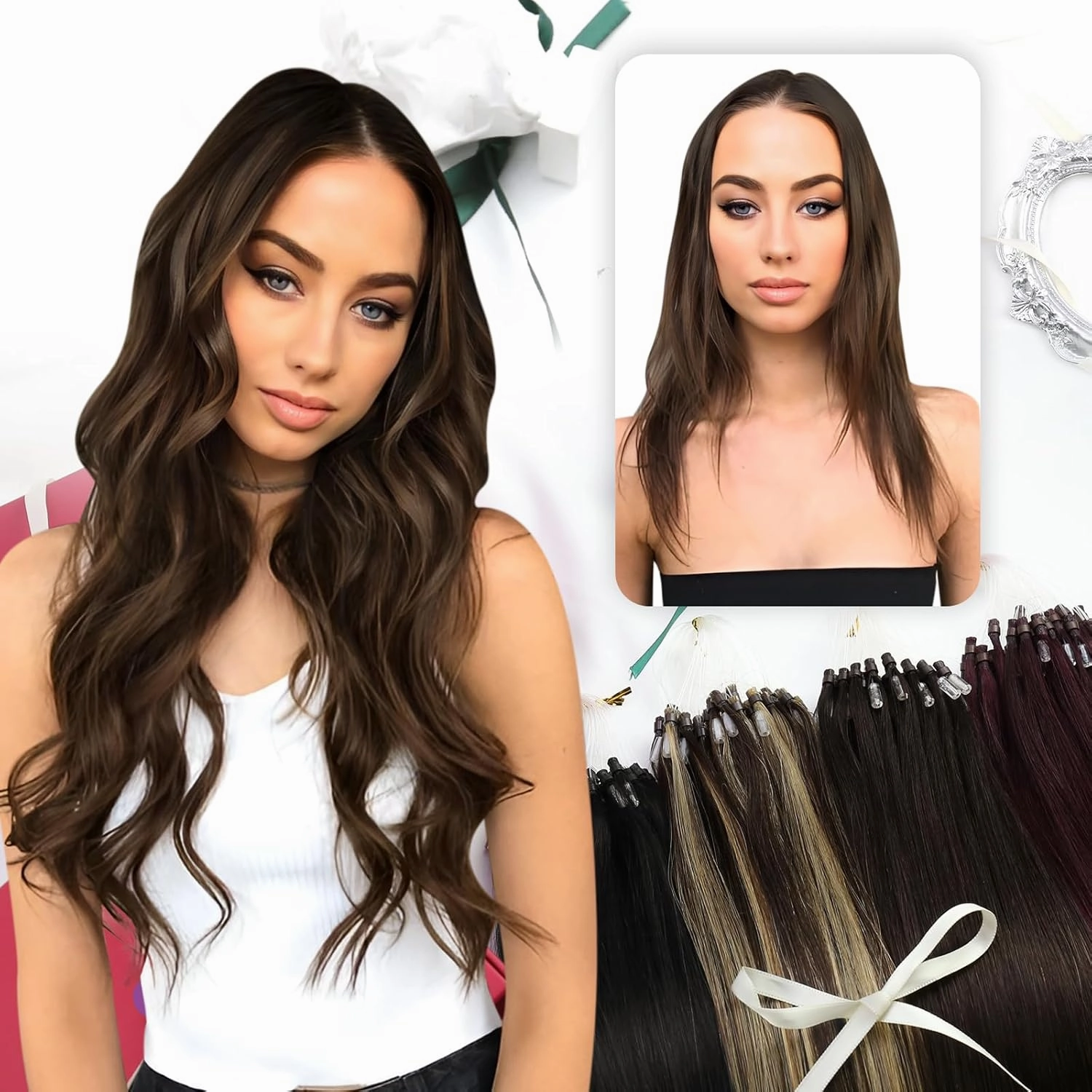 Moresoo Micro Loop Hair Extensions Human Hair Balayage Dark Brown with Chestnut Brown Micro Ring Hair Extensions Real Human Hair Ombre Brown Micro Link Hair Extensions 20Inch 50G/50S