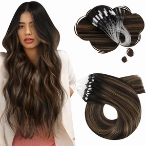 Moresoo Micro Loop Hair Extensions Human Hair Balayage Dark Brown with Chestnut Brown Micro Ring Hair Extensions Real Human Hair Ombre Brown Micro Link Hair Extensions 20Inch 50G/50S